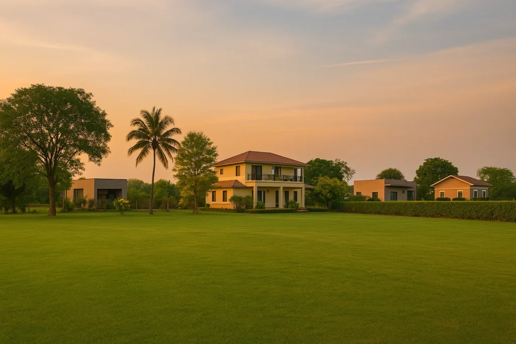 A scenic view of Naugaon showing open plots of land, small houses, and surrounding green hills under a clear blue sky—highlighting the affordability and rural charm of the area.