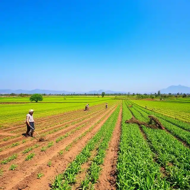 Farmers working in lush green farmland in Naugaon, symbolizing agricultural productivity and long-term wealth creation.”