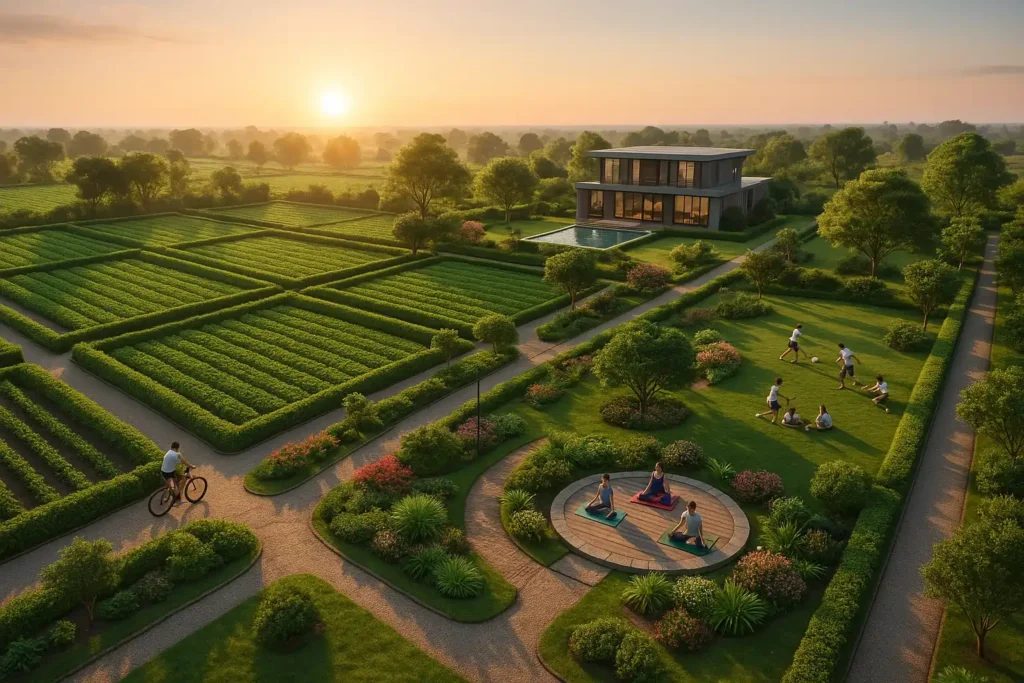 Elevate Samava Farms aerial view at sunrise showing lush green farm plots, landscaped gardens, walking trails, a modern farmhouse, wellness zones, and families enjoying outdoor activities
