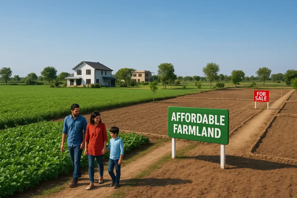 Realistic aerial view of Elevate Samava Farms in Naugaon showing lush green customizable farm plots, clubhouse, swimming pool, gated security, walking paths, and scenic agricultural land.