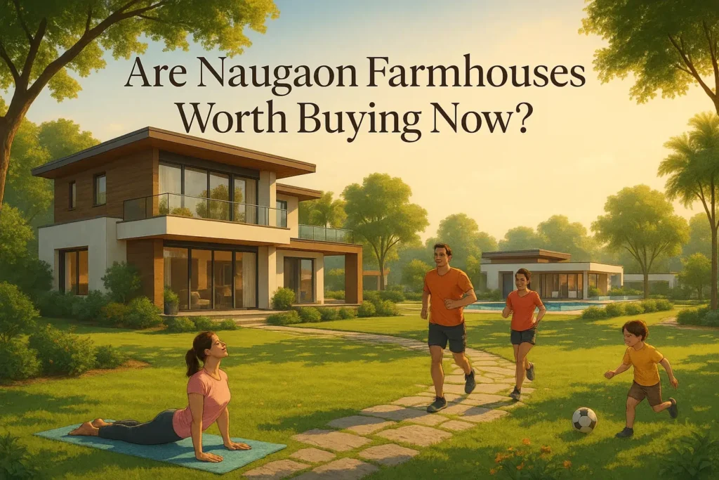 Premium Naugaon farmhouse surrounded by greenery, modern amenities, and family enjoying outdoor lifestyle