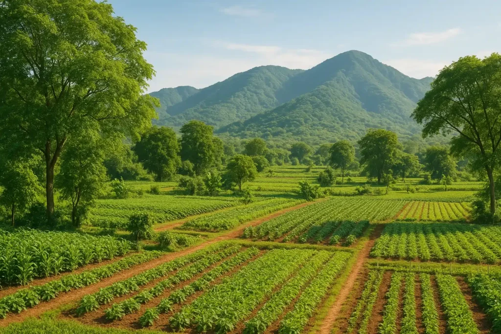 Elevate Samava Farms in Naugaon with trees, crops, and green mountains, highlighting farmland and nature.