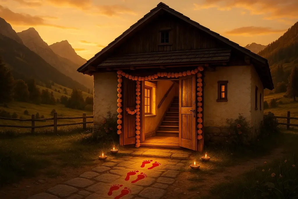 Mountain farmhouse decorated with diyas and marigold flowers for Navratri, with red footprints of Mata Rani at the entrance, representing blessings, happiness, and festive celebrations