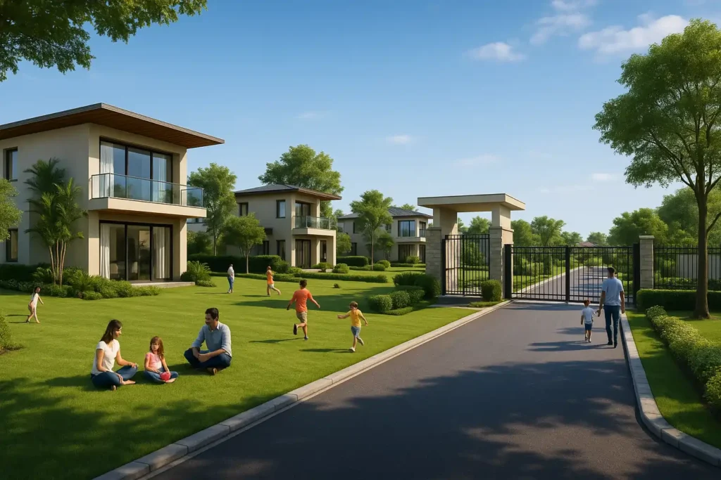 Luxury gated farmhouse community in Naugaon with modern villas, landscaped greenery, and secure gated entrance, showcasing premium lifestyle and investment potential.