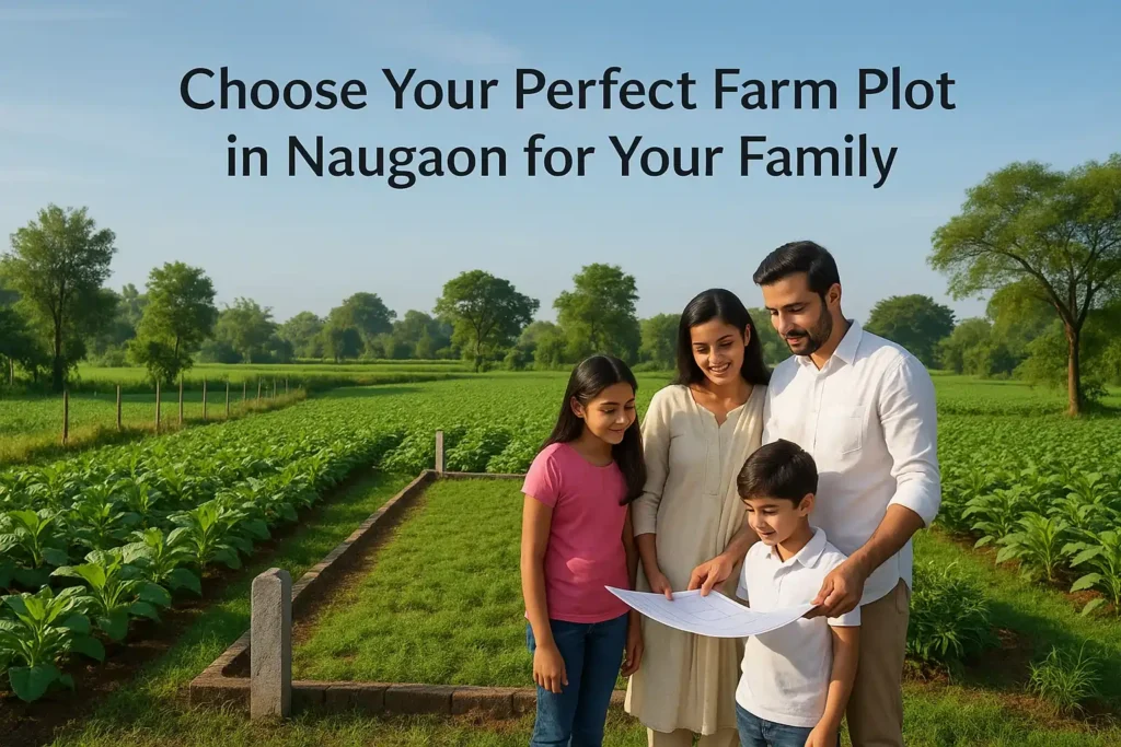 Family evaluating a lush green farm plot in Naugaon with a blueprint, ideal for weekend or permanent farmhouse living.