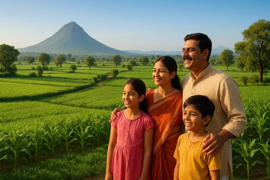 Family enjoying fertile farmland in Naugaon, symbolizing agricultural investment, generational wealth, and a secure financial future.