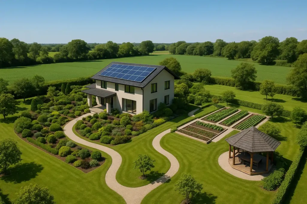 Large farmhouse plot in Naugaon with gardens, solar panels, walking trails, and space for organic farming, surrounded by trees and clean natural environment.