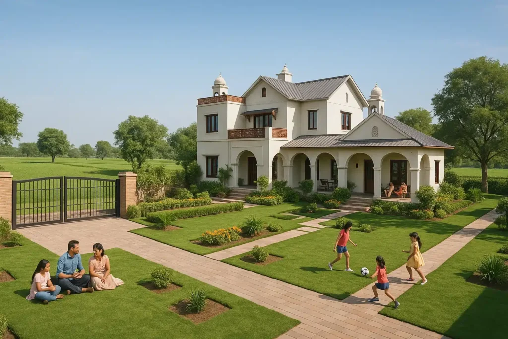 A beautiful farmhouse in Naugaon surrounded by lush greenery, landscaped gardens, and open fields, showcasing a peaceful and modern lifestyle with family-friendly outdoor spaces.