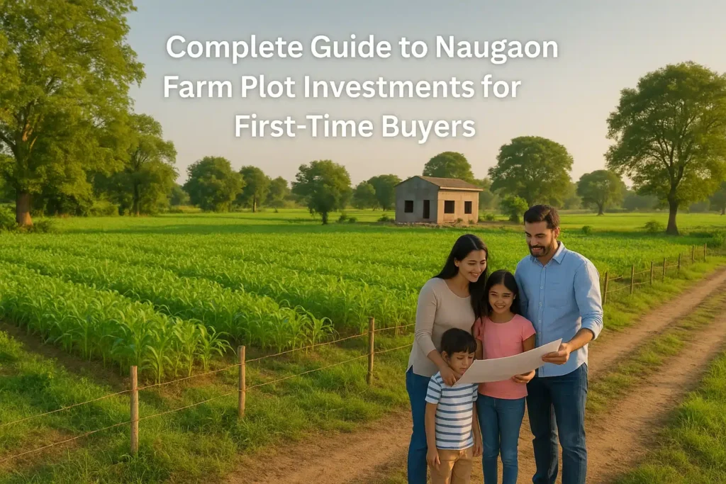 Family checking a lush green Naugaon farm plot with a blueprint, ideal for first-time buyers and weekend retreats.