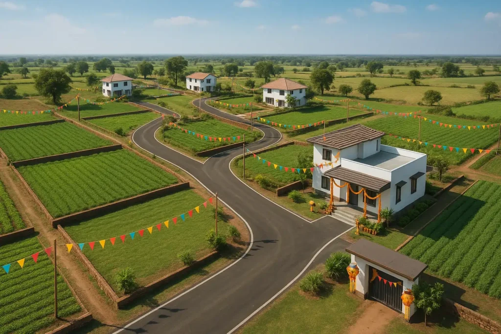 Naugaon farm plots with farmhouses decorated subtly for Navratri, highlighting investment and weekend home opportunities