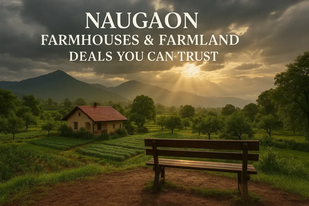 Scenic farmhouse in Naugaon surrounded by green farmland and mountains, after a storm with sunrays breaking through clouds