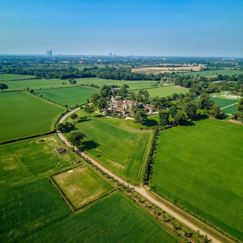 Aerial view of lush green farmland in Naugaon, NCR, with organized farm plots, a luxury farmhouse, and tree-lined roads, showcasing rural-luxury lifestyle near Delhi.