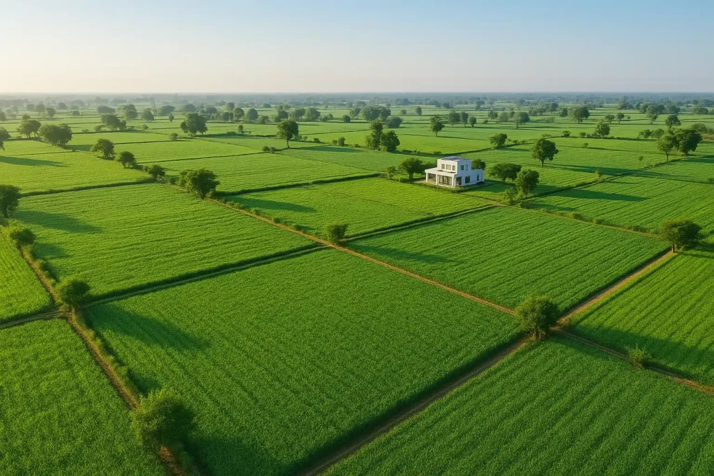 Spacious Naugaon farms land with modern farmhouse in Alwar, Rajasthan, highlighting farmland investment and peaceful rural lifestyle.