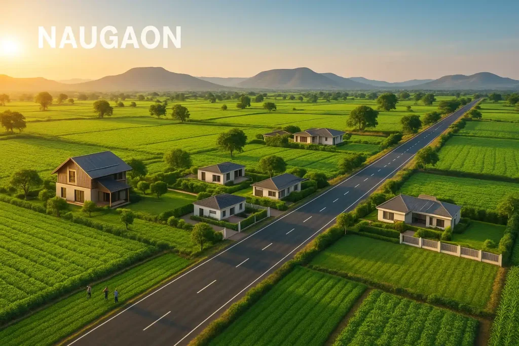 Developers inspecting fertile Naugaon land with farmhouses, green fields, and sustainable farming, showcasing investment and real estate growth opportunities.