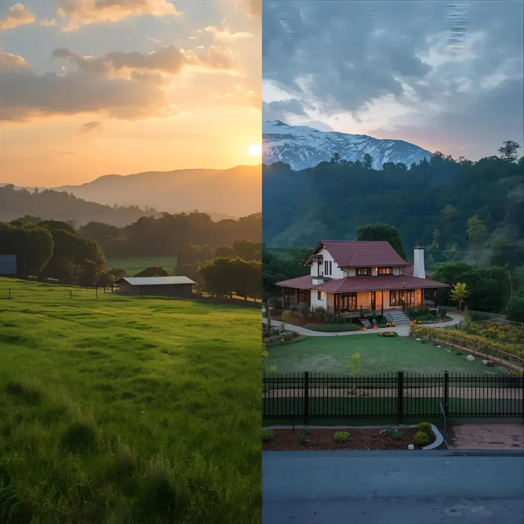 Naugaon vs Sohna farmhouse comparison showing rustic greenery of Naugaon and modern luxury lifestyle in Sohna near Delhi and Gurgaon.