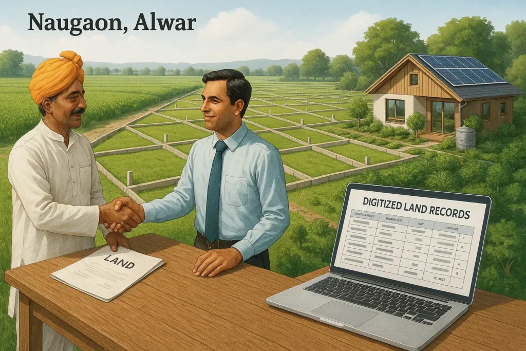 This image illustrates property development in Naugaon, Alwar, Rajasthan, highlighting farmland, plotted residential areas, and eco-friendly farmhouses with solar panels and rainwater harvesting. It represents land purchase eligibility, land conversion, and sustainable real estate growth in Naugaon.