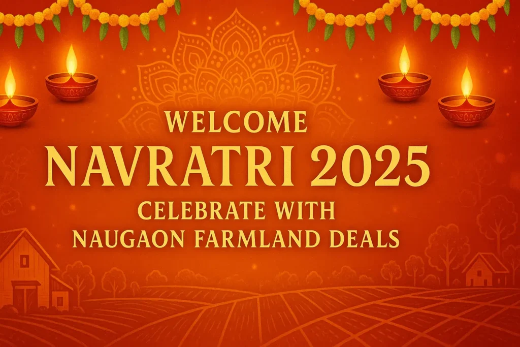 Festive Navratri 2025 banner with diyas, rangoli, and Naugaon farmland deals announcement in Alwar, Rajasthan.