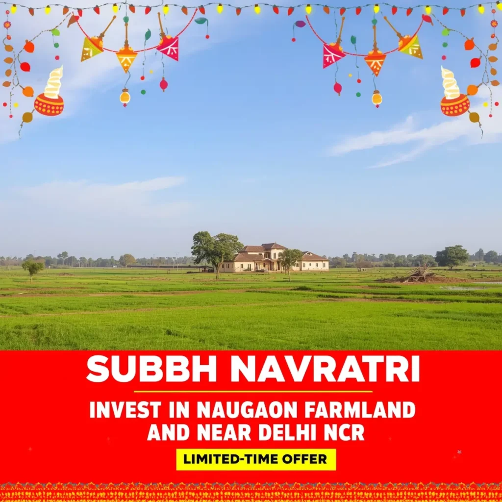 Farmland plot near Delhi NCR with vibrant Navratri decorations including dandiya sticks and colorful lights, highlighting a special investment offer.
