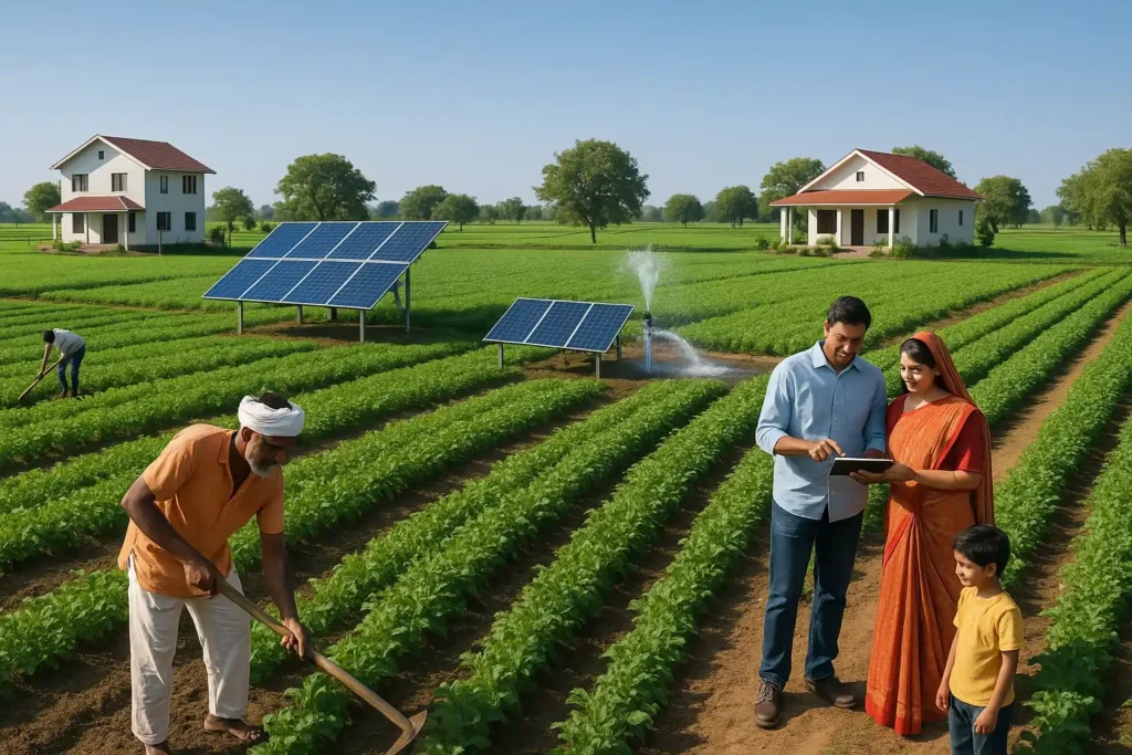 Fertile farmland in Naugaon with modern farmhouses, green fields, and solar-powered irrigation, showing sustainable farming and long-term investment opportunities."