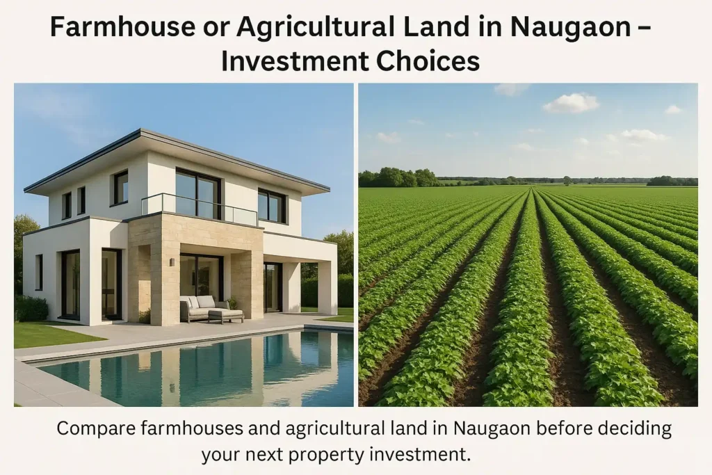 Split-screen image showing a farmhouse on one side and agricultural land on the other in Naugaon.
