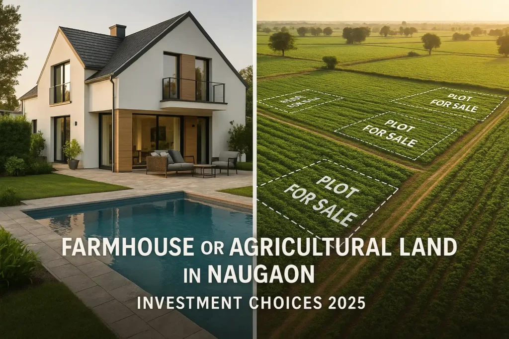 plit-screen image showing a farmhouse and agricultural land in Naugaon, Rajasthan for investors.