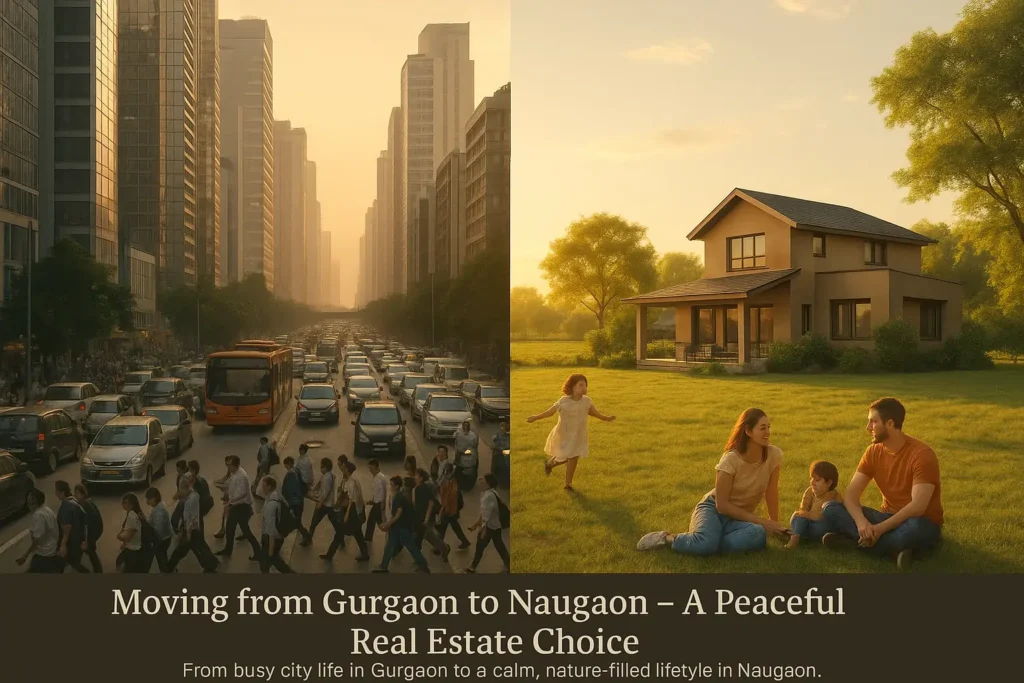 Contrast image of Gurgaon’s crowded cityscape and Naugaon’s peaceful farmland with luxury farmhouses, showing the lifestyle shift from chaos to calm.