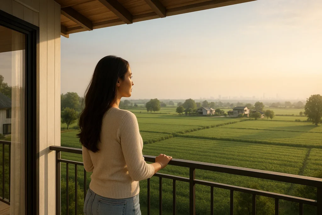 Woman enjoying peaceful view at Elevate Samava Farms Naugaon