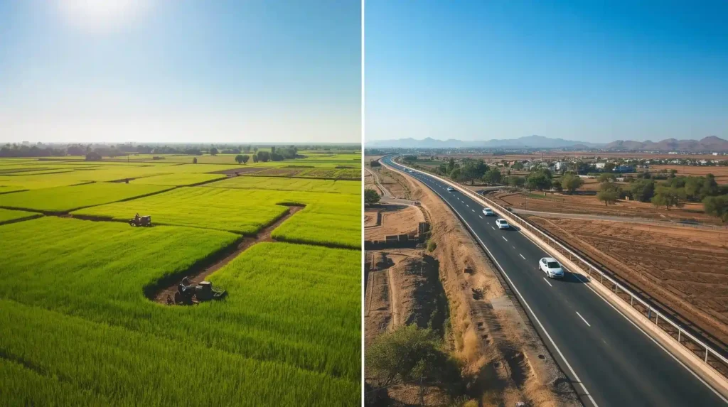 Farmland and Delhi–Jaipur highway near Naugaon, Rajasthan — symbolizing growth and opportunity for farmland investors.