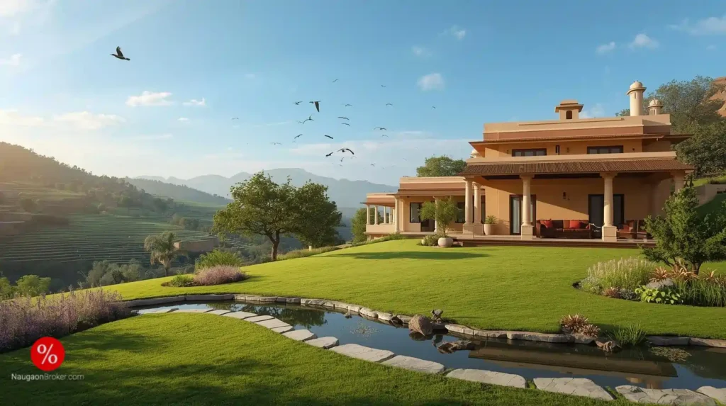 Photorealistic view of a Naugaon farmhouse in Alwar, Rajasthan, with landscaped garden, Aravalli Hills in the background, sunny day, and eco-friendly organic farm surroundings.
