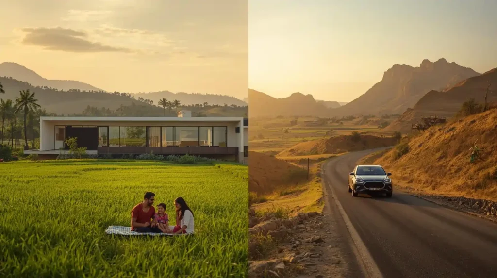 Modern farmhouse in Naugaon, Rajasthan near Delhi NCR surrounded by lush green farmland, ideal for weekend retreats and real estate investment.