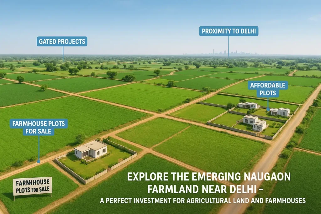 Naugaon farmland with farmhouses and gated plots near Delhi – best location for agricultural land investment.