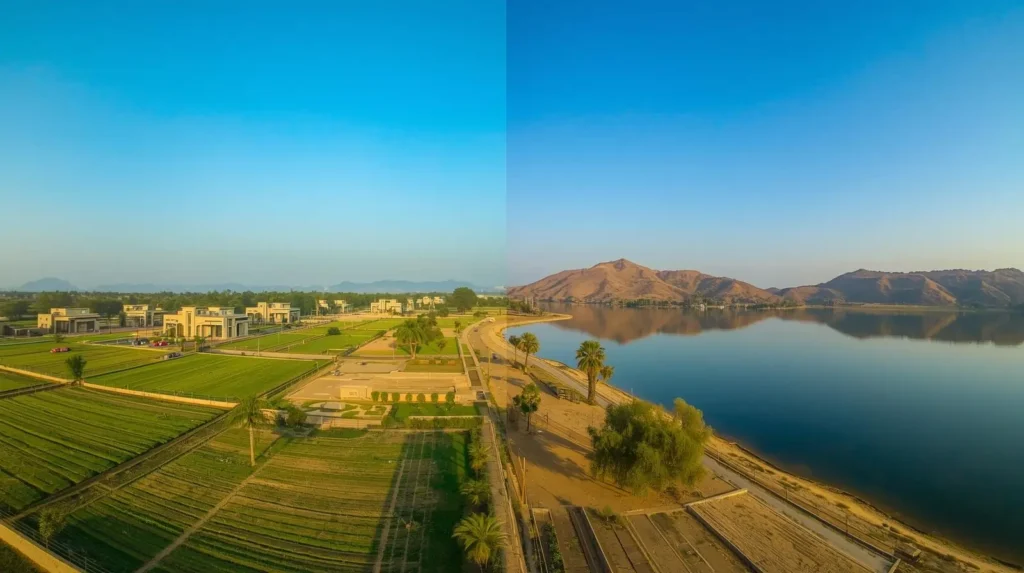 Aerial view of Naugaon farmland and Siliserh Lake near Alwar, Rajasthan, showing RERA-approved farmhouse plots and scenic weekend homes.