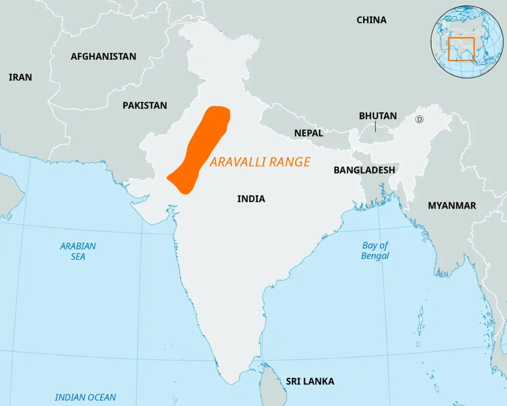 Map showing the Aravalli Hills Rajasthan spread across multiple states