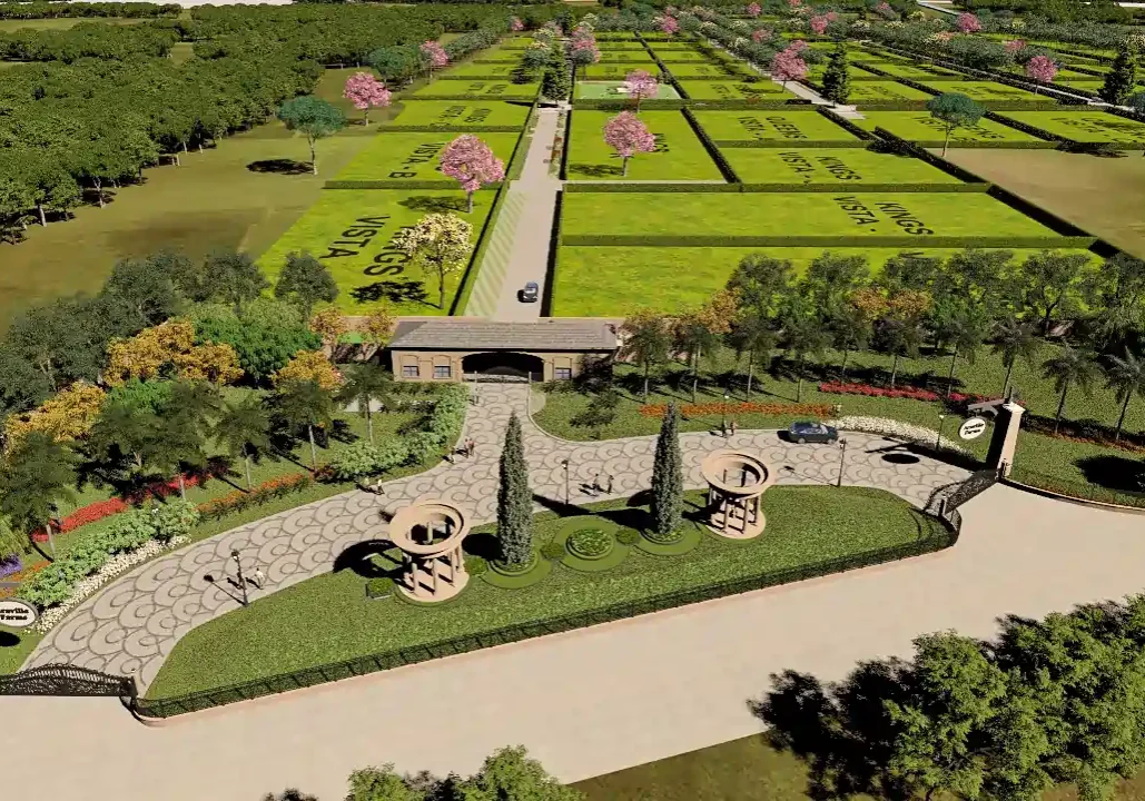 Araville Farms in Naugaon featuring green farmland, trees, and eco-friendly farm buildings set against a natural backdrop.