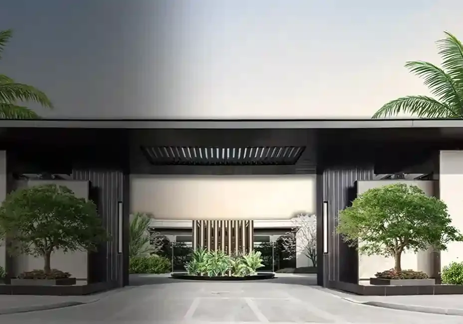 Elegant view of Platial Farmhouses in Naugaon surrounded by forested hills and open skies