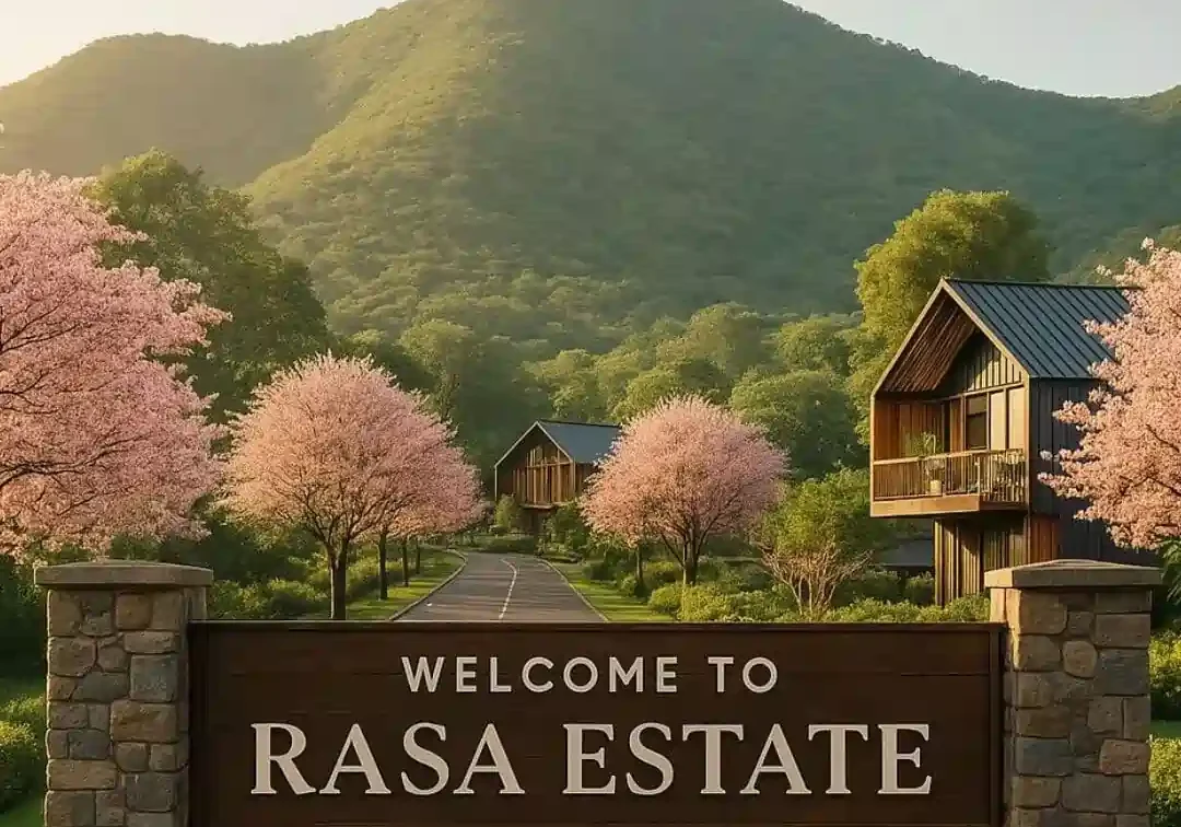 Scenic view of Rasa Estate Farms in Naugaon surrounded by lush greenery and mountain backdrop